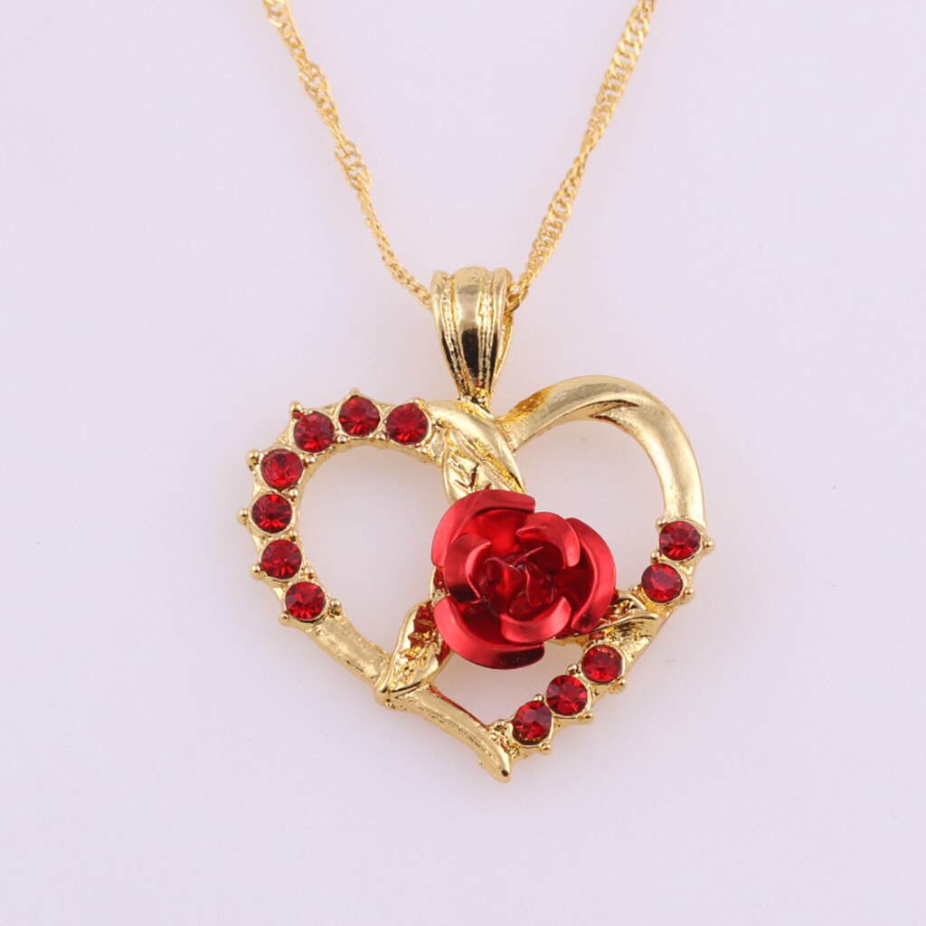 Diamond Zircon Red Rose Love Heart Pendant Short Clavicle Chain