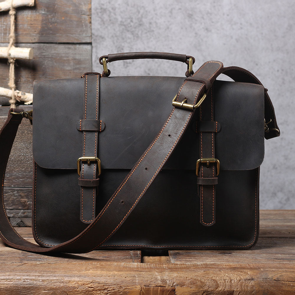 Unisex Leather Shoulder Laptop Bag – First Layer Cowhide Backpack Briefcase with Dual Straps