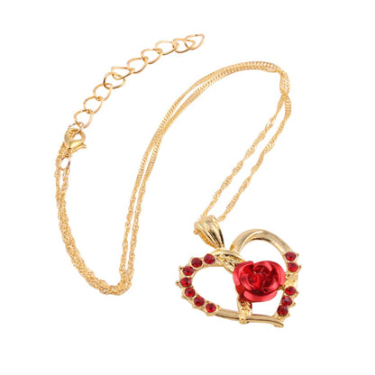 Diamond Zircon Red Rose Love Heart Pendant Short Clavicle Chain