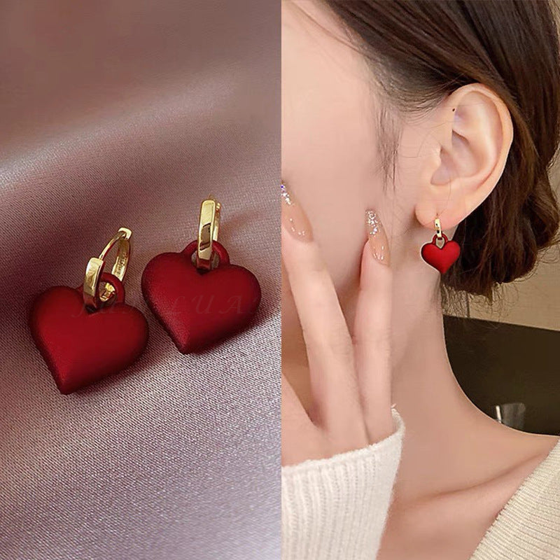 Temperament Red Heart Earrings Women's Frosted Matte Peach Heart