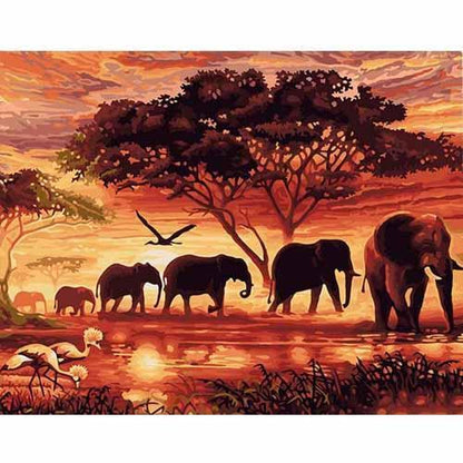 CHENISTORY Modern Wall Art Hand Painted Acrylic Picture For Home Decor Sunset Elephants Painting By Numbers