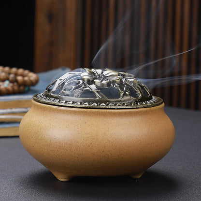 Copper Lid Ceramic Incense Burner Buddha – Antique Alloy Wire Design