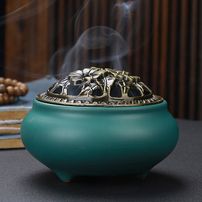 Copper Lid Ceramic Incense Burner Buddha – Antique Alloy Wire Design