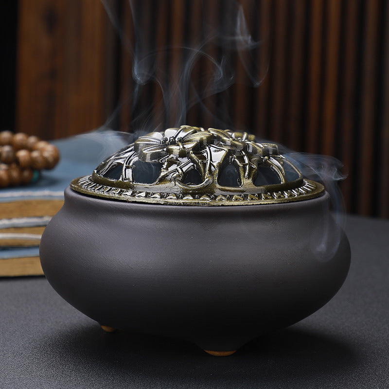 Copper Lid Ceramic Incense Burner Buddha – Antique Alloy Wire Design