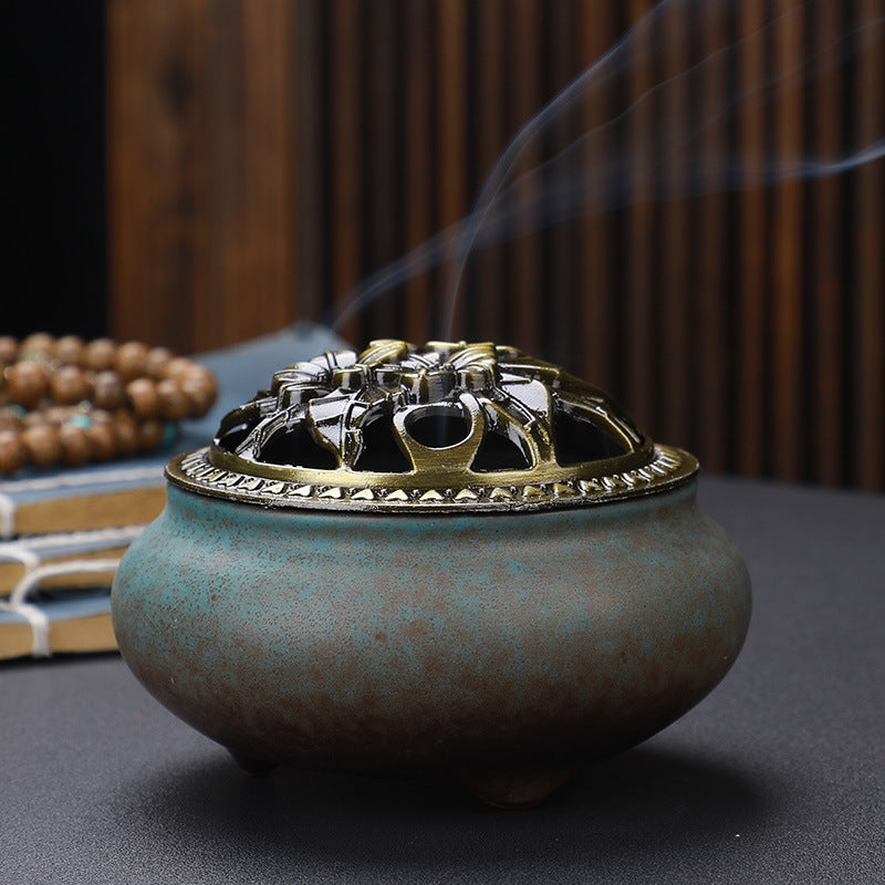 Copper Lid Ceramic Incense Burner Buddha – Antique Alloy Wire Design