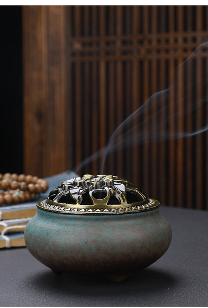 Copper Lid Ceramic Incense Burner Buddha – Antique Alloy Wire Design