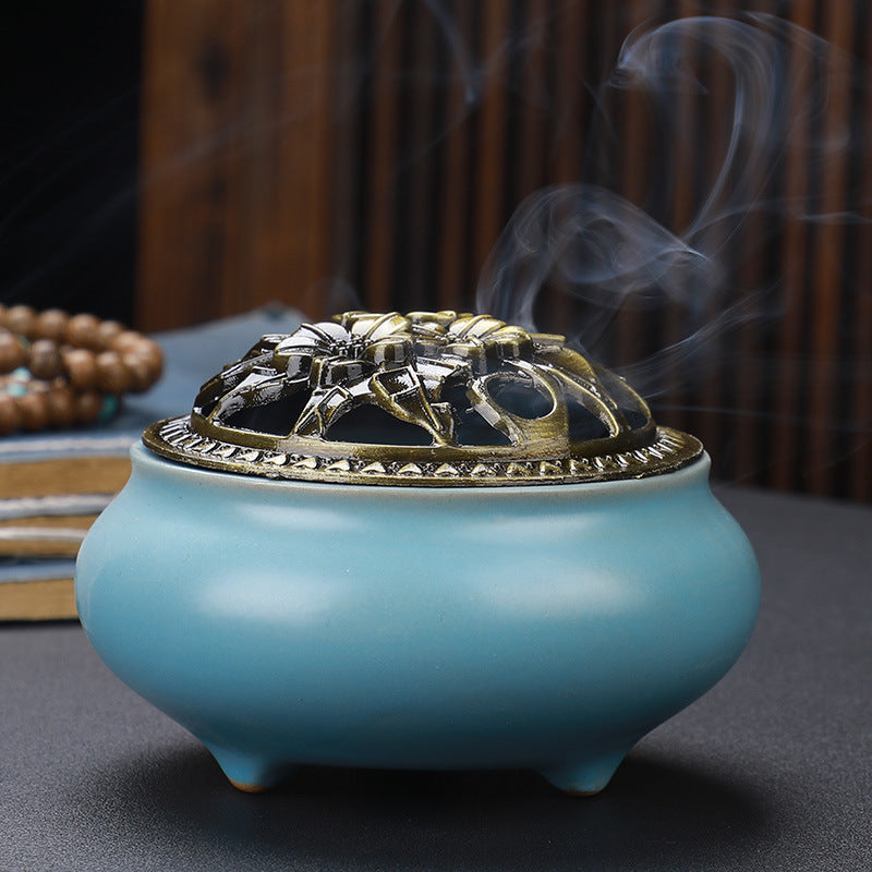 Copper Lid Ceramic Incense Burner Buddha – Antique Alloy Wire Design