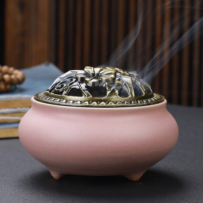 Copper Lid Ceramic Incense Burner Buddha – Antique Alloy Wire Design