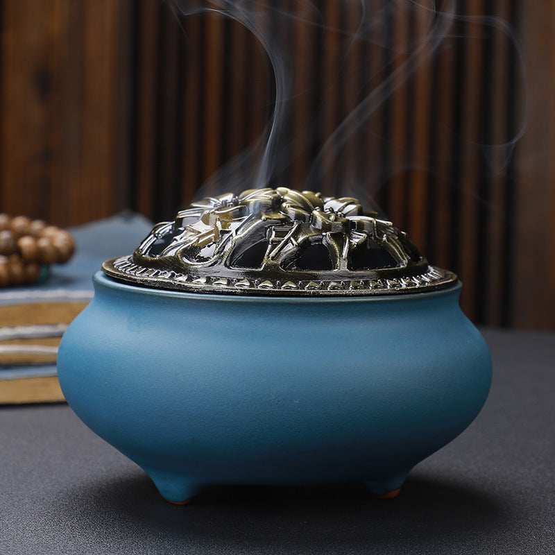 Copper Lid Ceramic Incense Burner Buddha – Antique Alloy Wire Design