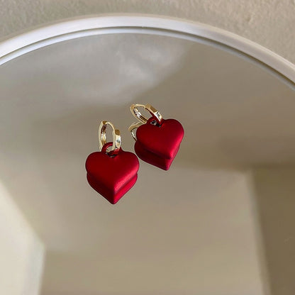 Temperament Red Heart Earrings Women's Frosted Matte Peach Heart