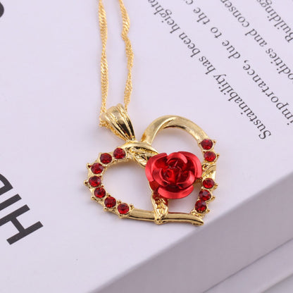 Diamond Zircon Red Rose Love Heart Pendant Short Clavicle Chain