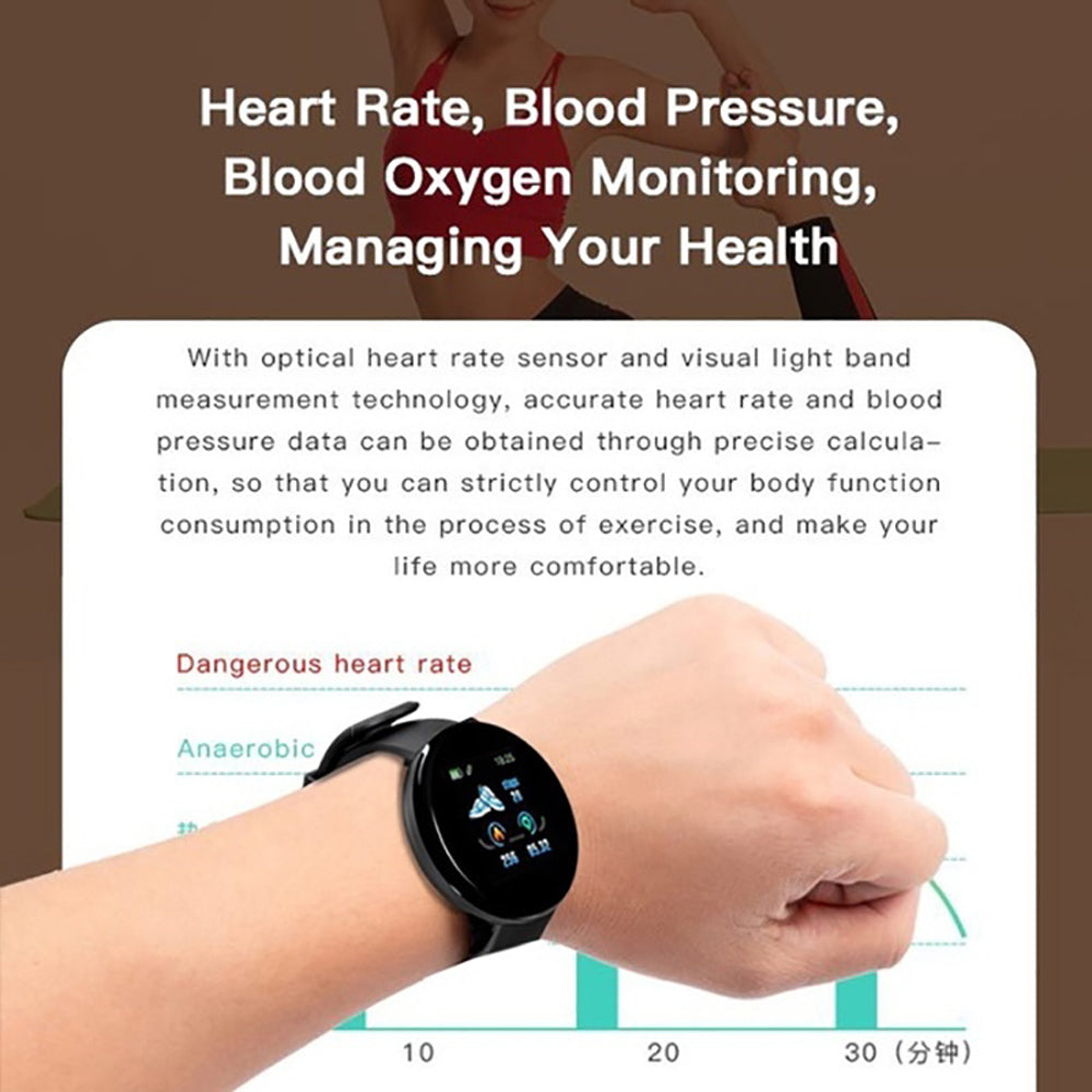 D18 Bluetooth smart watch for blood pressure, sports activities for Android and iOS devices