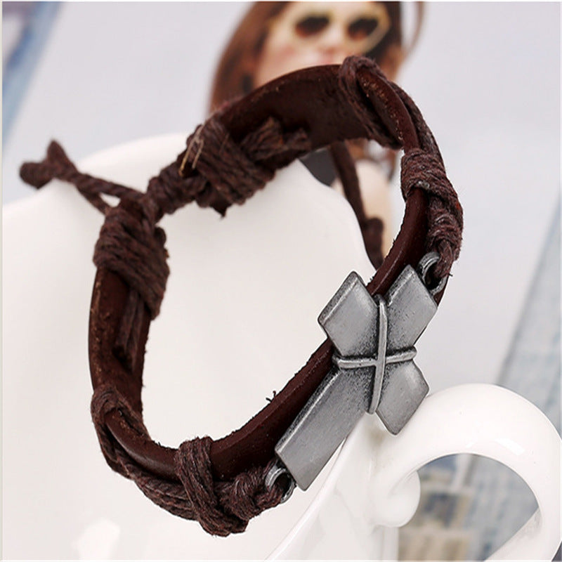 Brown leather cross bracelet