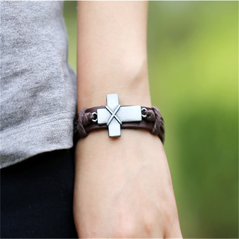 Brown leather cross bracelet