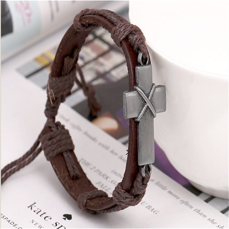 Brown leather cross bracelet