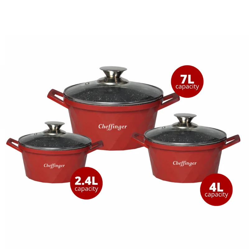 Cheffinger CF-DIAC03: 6 Pieces Diamond Casserole Pot Set - 20cm,24cm,28CM Red