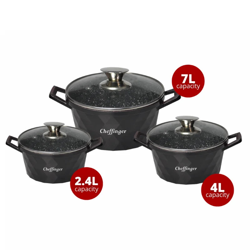 Cheffinger CF-DIAC03: 6 Pieces Diamond Casserole Pot Set - 20cm,24cm,28CM Red