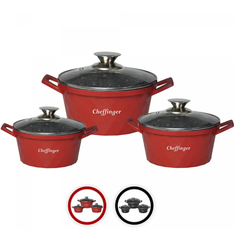 Cheffinger CF-DIAC03: 6 Pieces Diamond Casserole Pot Set - 20cm,24cm,28CM Red