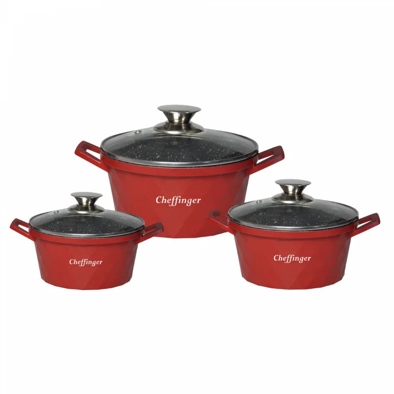 Cheffinger CF-DIAC03: 6 Pieces Diamond Casserole Pot Set - 20cm,24cm,28CM Red