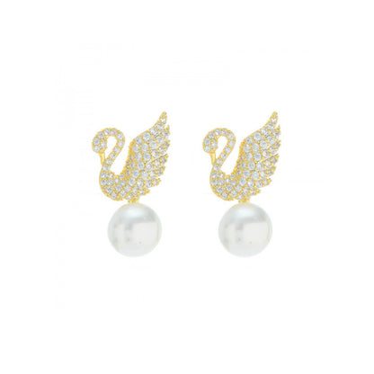 Korean, silver stud earrings, zircon swan and pearl