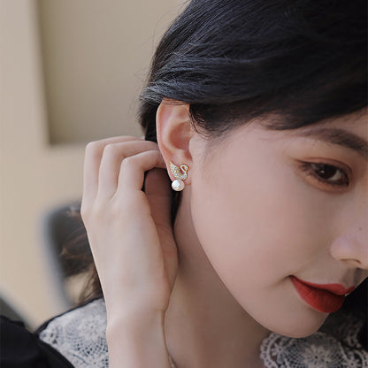 Korean, silver stud earrings, zircon swan and pearl