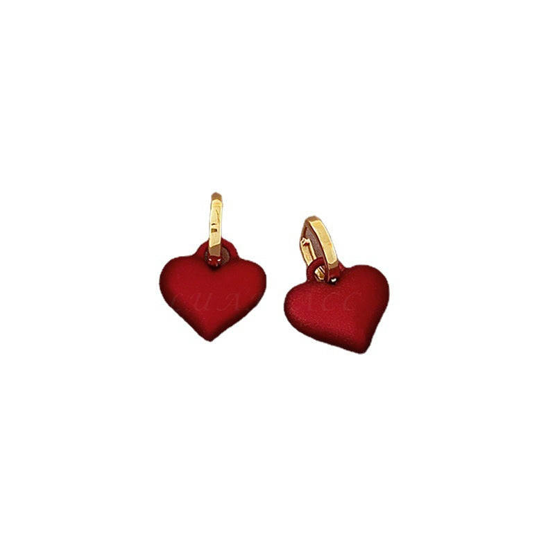 Temperament Red Heart Earrings Women's Frosted Matte Peach Heart