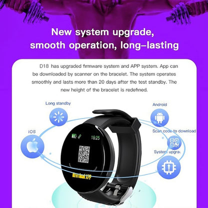 D18 Bluetooth smart watch for blood pressure, sports activities for Android and iOS devices